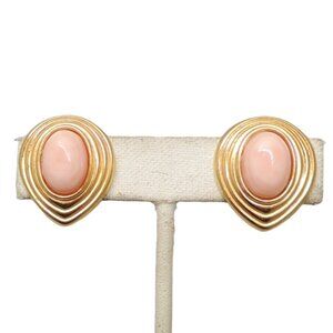 Vintage 1980s Signed Lanvin Germany Goldtone Cabochon Faux-Coral Clip Earrings